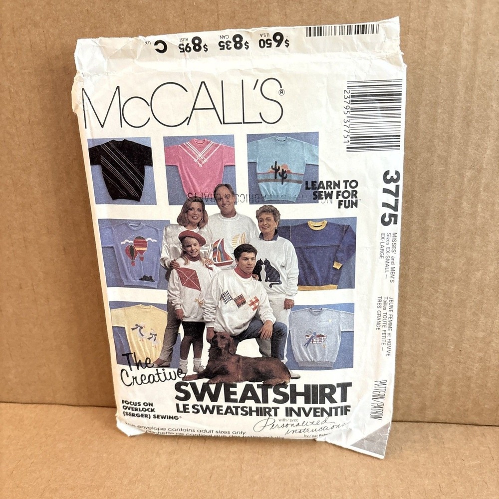 McCall's Sewing Pattern 3775 sweatshirt Unisex XS to XL-Uncut